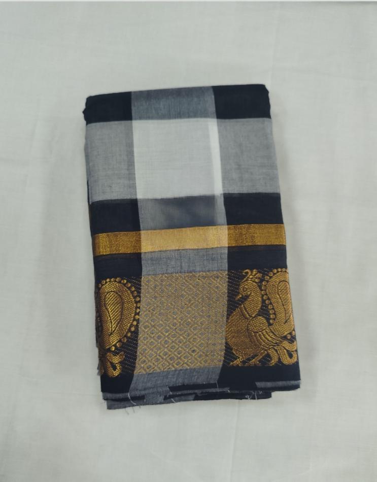 Black & White Checked Chettinad Cotton Saree with Peacock Zari Border