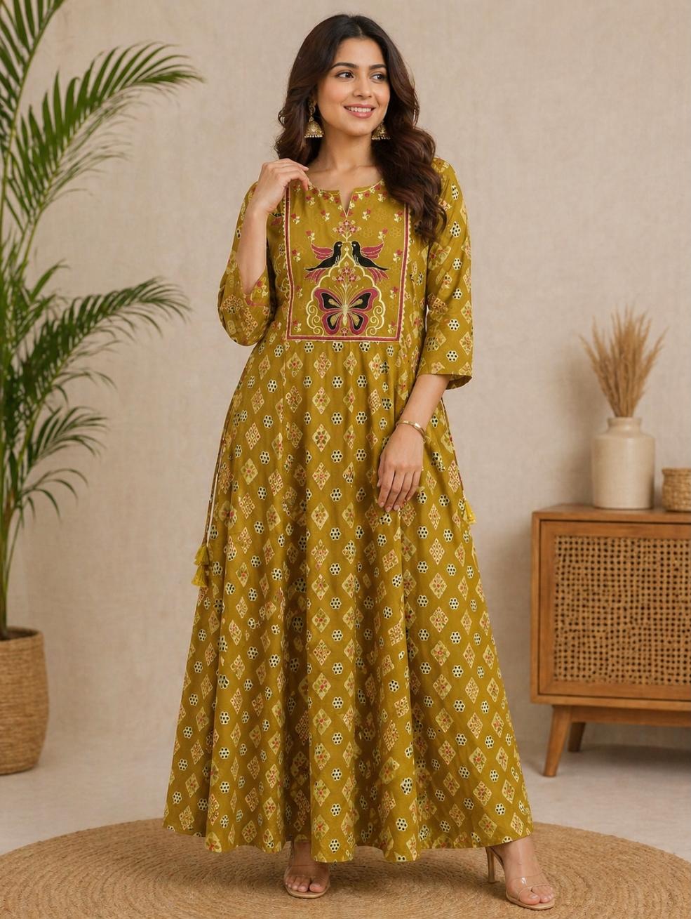 Yellow Embroidered Umbrella Kurti for Women | V Neck Cotton Blend Office Wear Kurti