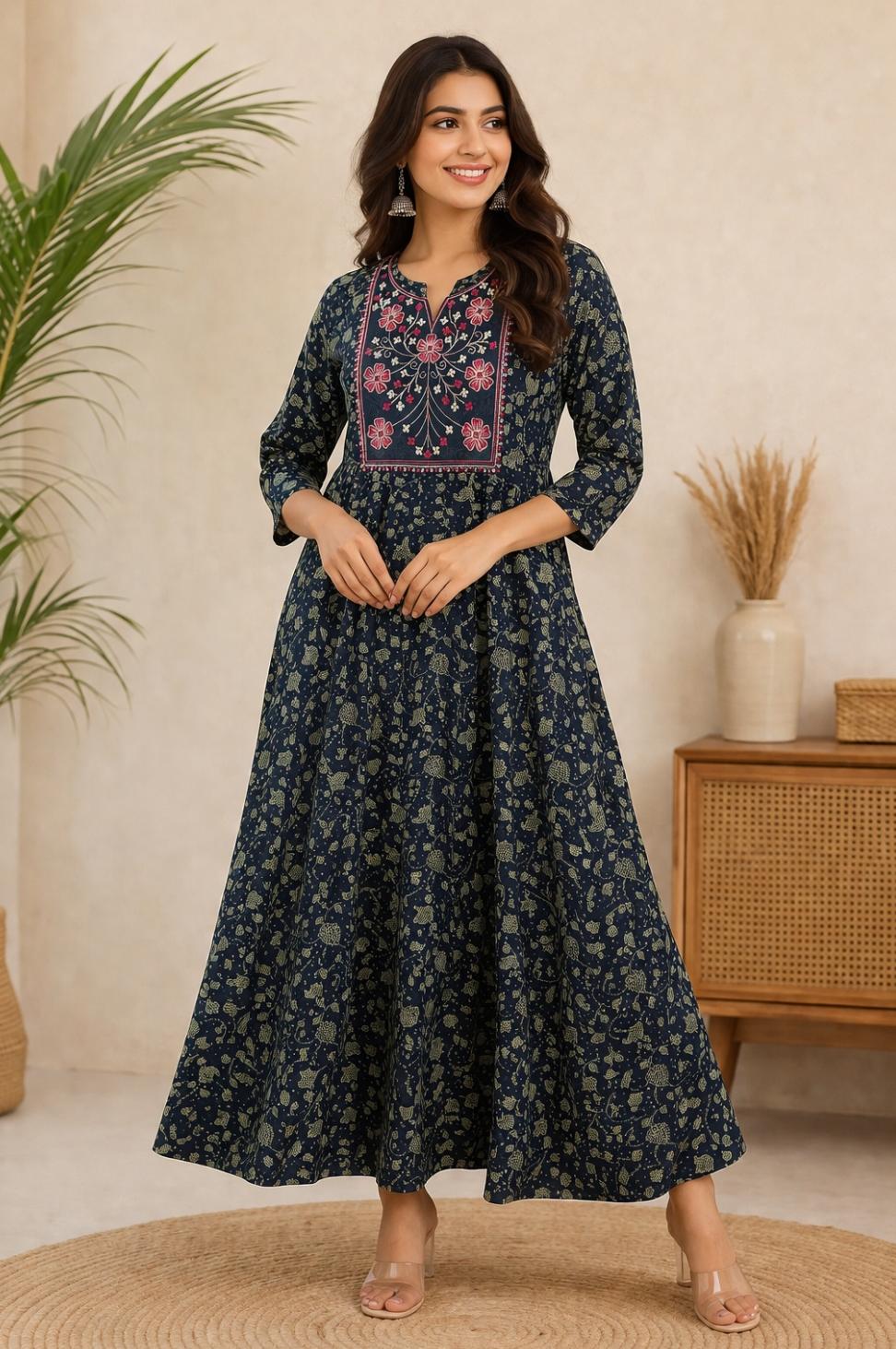 Blue Embroidered Umbrella Kurti for Women | V Neck Cotton Blend Office Wear Kurti