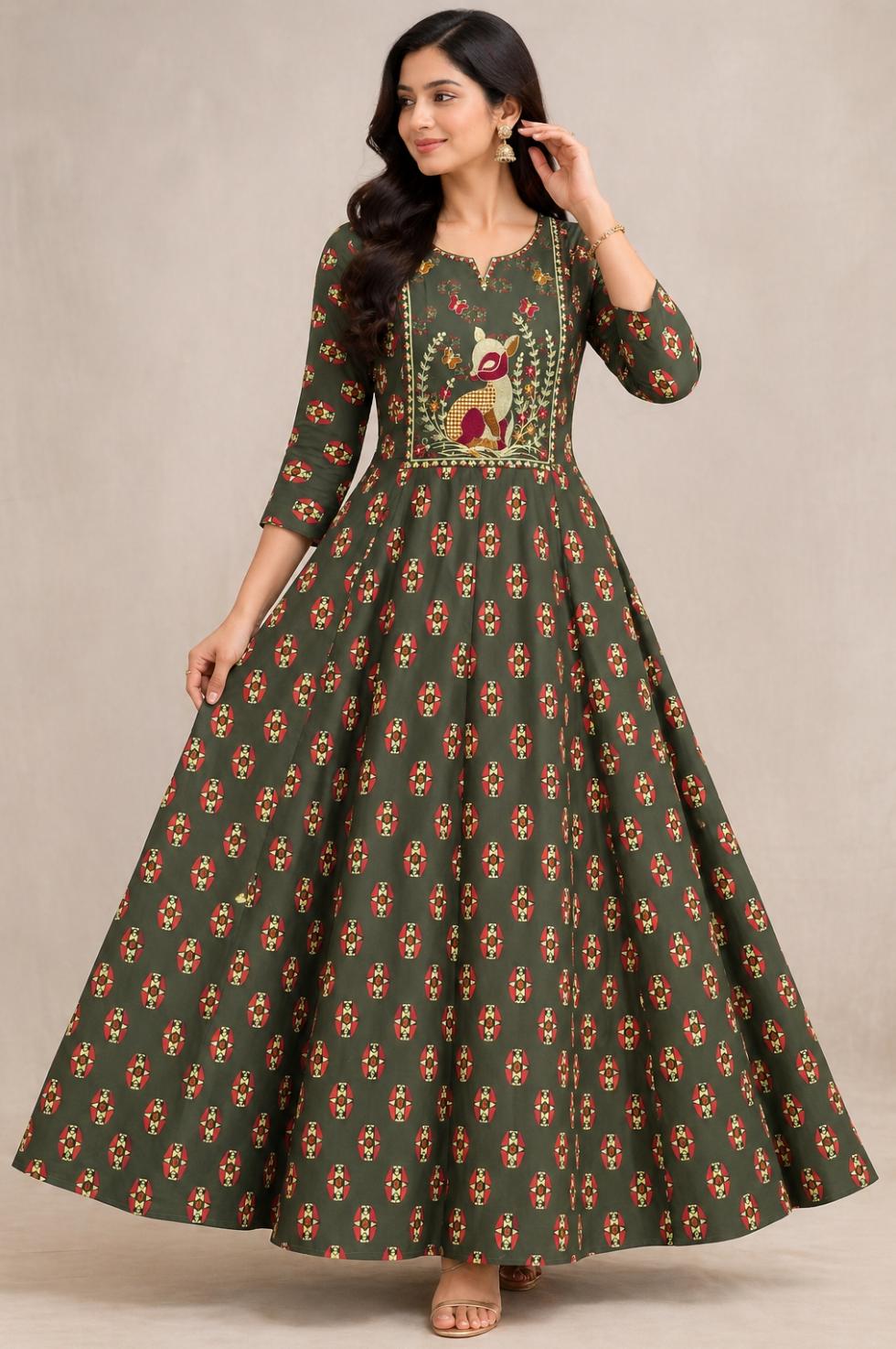 Beige Embroidered Umbrella Kurti for Women | V Neck Cotton Blend Office Wear Kurti