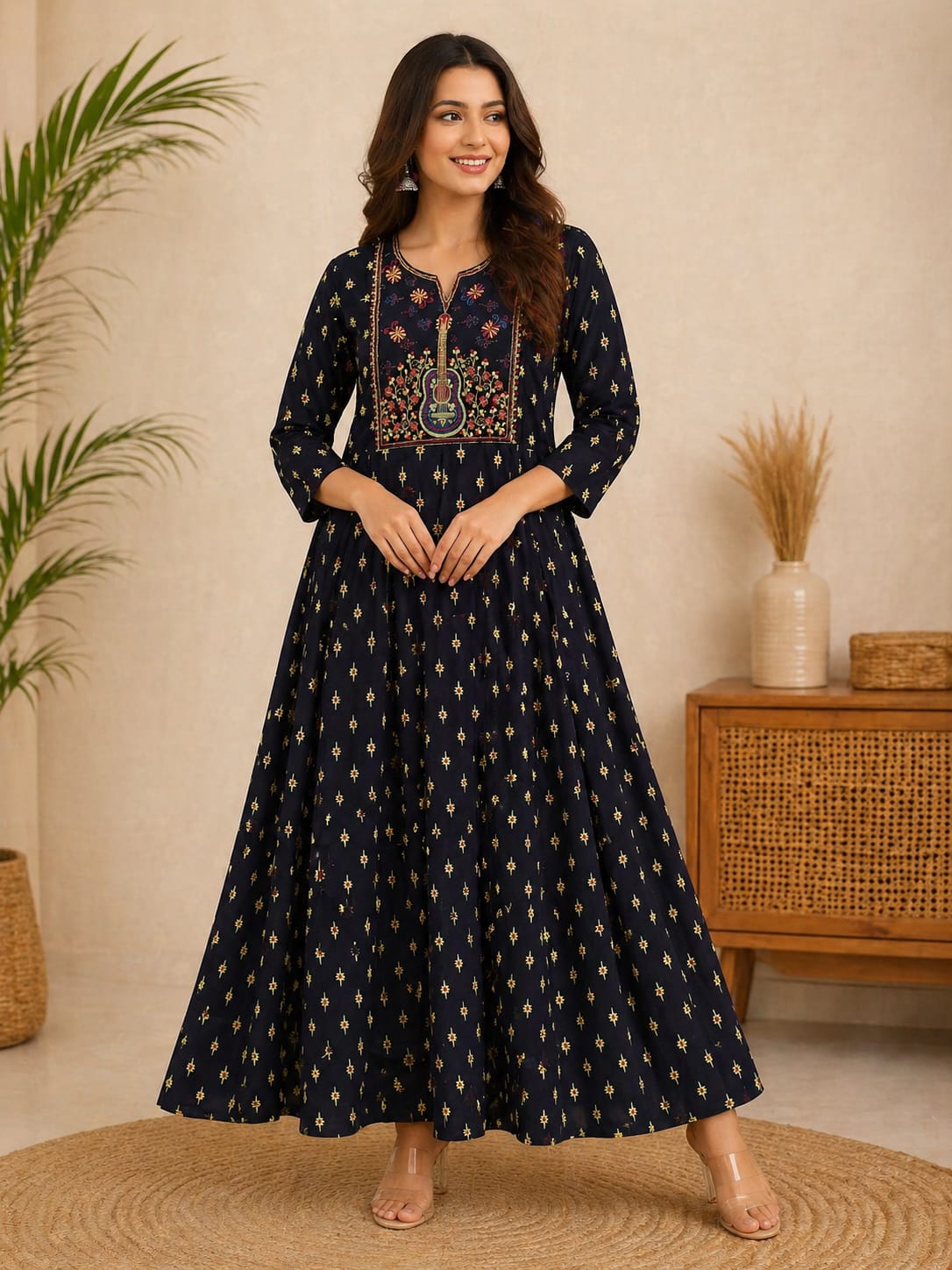 Navy Blue Embroidered Umbrella Kurti for Women | V Neck Cotton Blend Office Wear Kurti