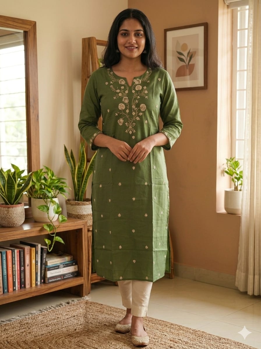 Green Embroidered Side Open Kurti for Women | V Neck Glass Roman Office Wear Kurti