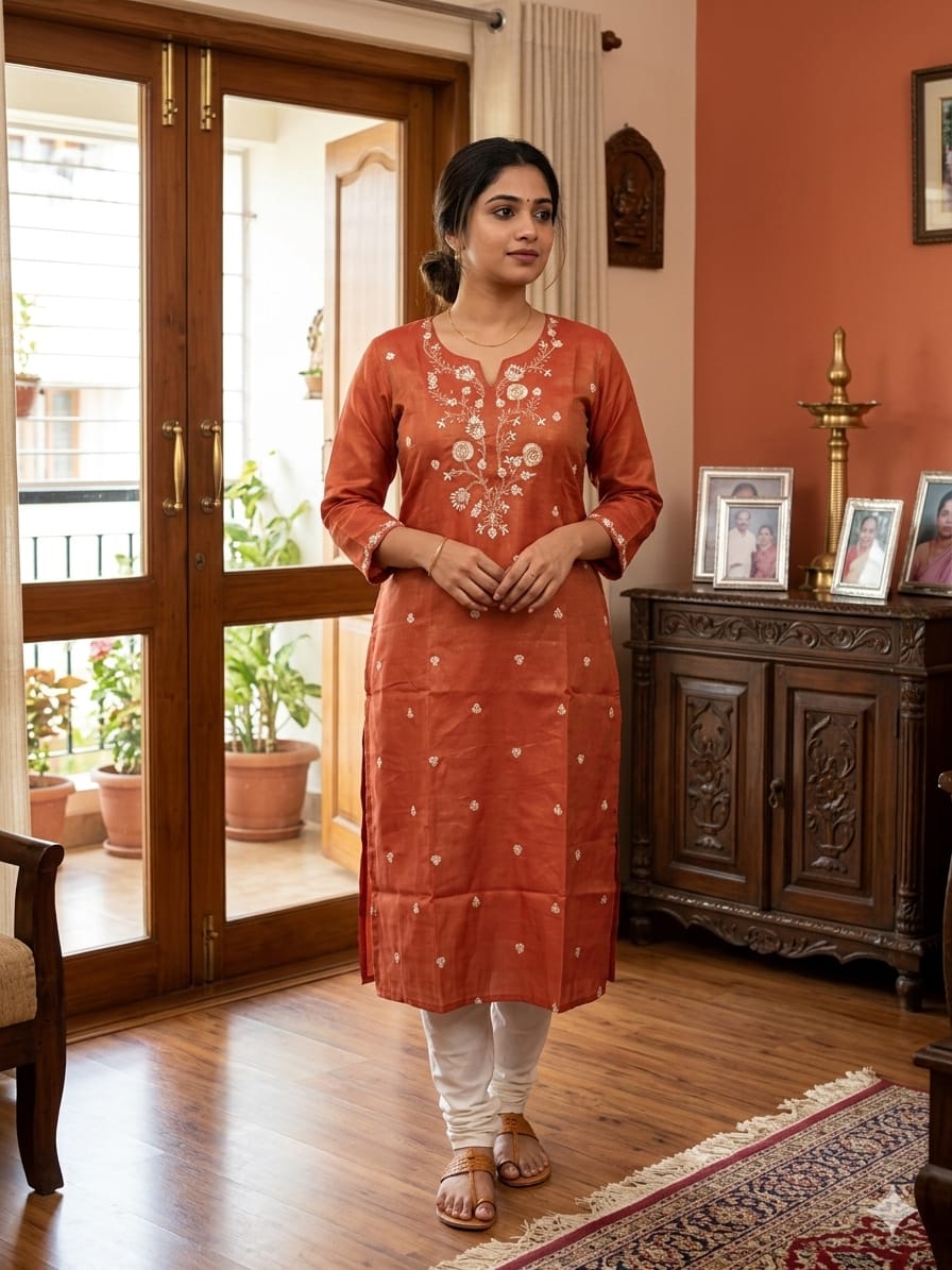 Orange Embroidered Side Open Kurti for Women | V Neck Glass Roman Office Wear Kurti