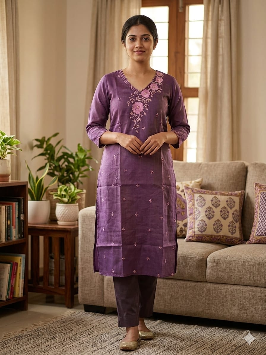 Purple Embroidered Side Open Kurti for Women | V Neck Glass Roman Office Wear Kurti