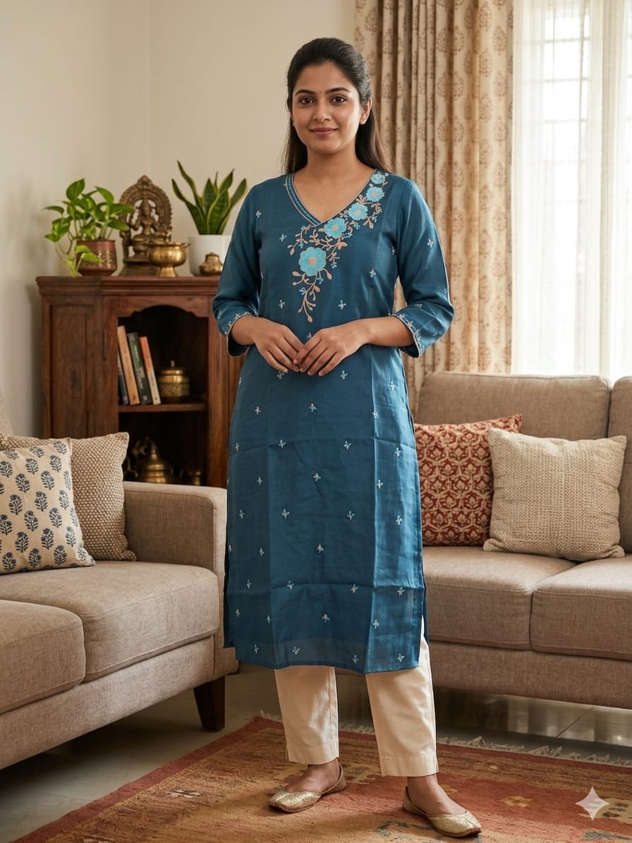 Blue Embroidered Side Open Kurti for Women | V Neck Glass Roman Office Wear Kurti