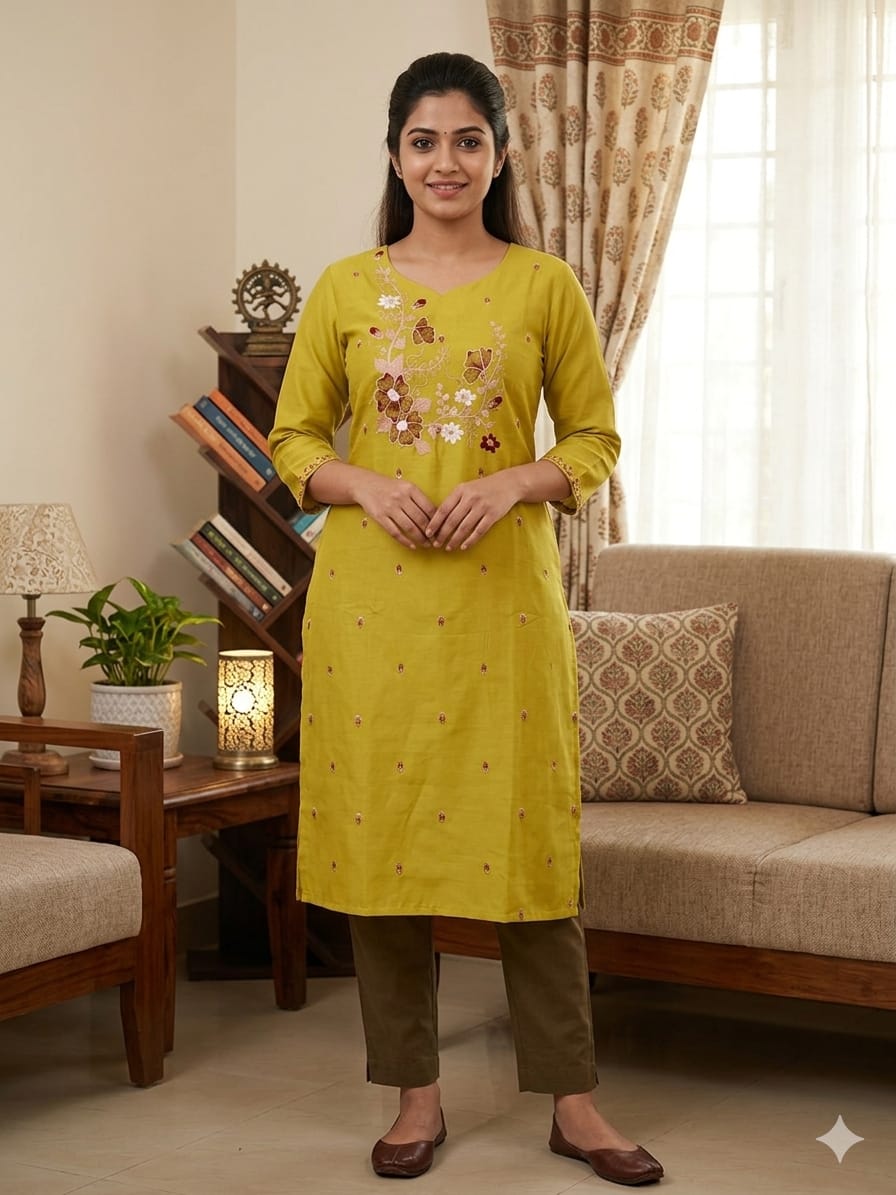 Yellow Embroidery Work Side Open Kurti for Women | V Neck Glass Roman Kurti