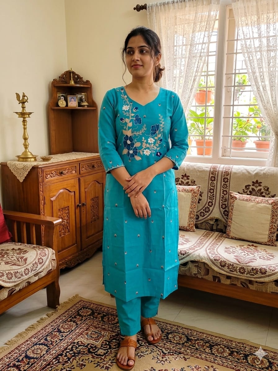 Blue Embroidery Work Side Open Kurti for Women | V Neck Glass Roman Kurti