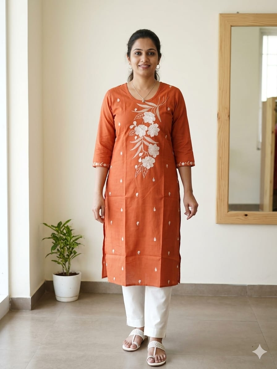 Orange Embroidery Work Side Open Kurti for Women | Round Neck Glass Roman Kurti