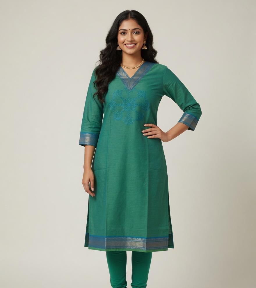 Green Embroidery Work Side Open Kurti for Women with Pocket | V Neck Glass Roman Kurti