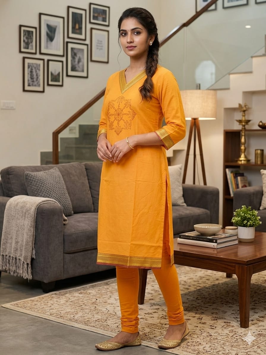 Orange Embroidery Work Side Open Kurti for Women with Pocket | V Neck Glass Roman Kurti