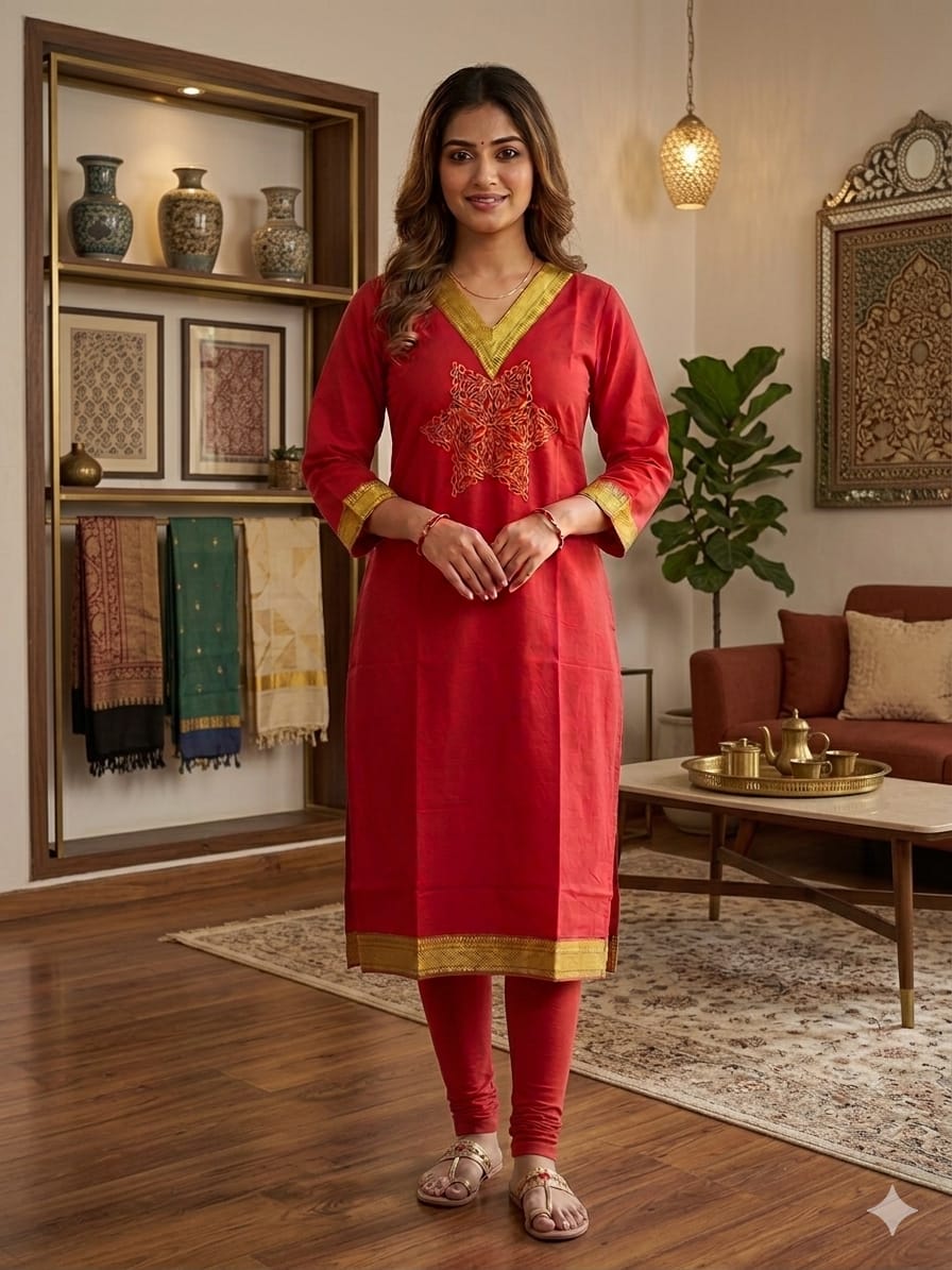 Red with Green Embroidery Work Side Open Kurti for Women with Pocket | V Neck Glass Roman Kurti