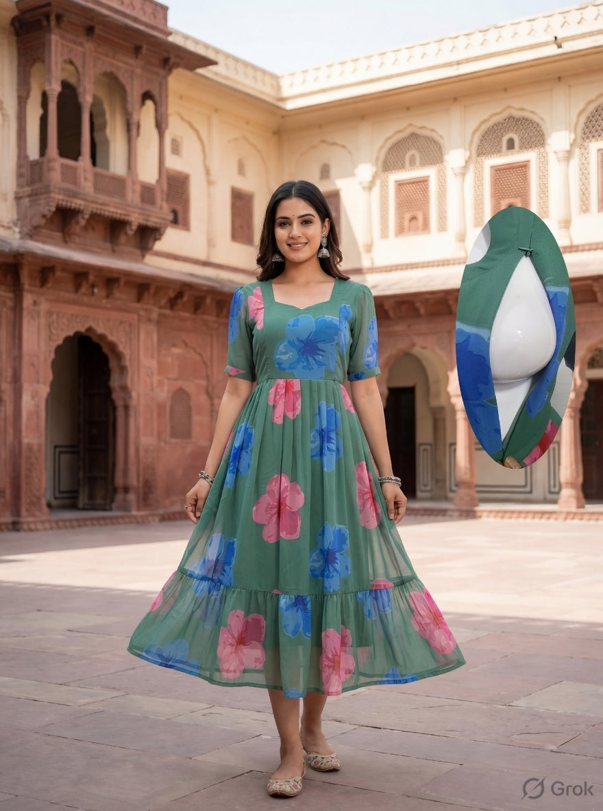 Green Georgette Maternity Wear with Double Side Invisible Zip – Umbrella Type Feeding Dress