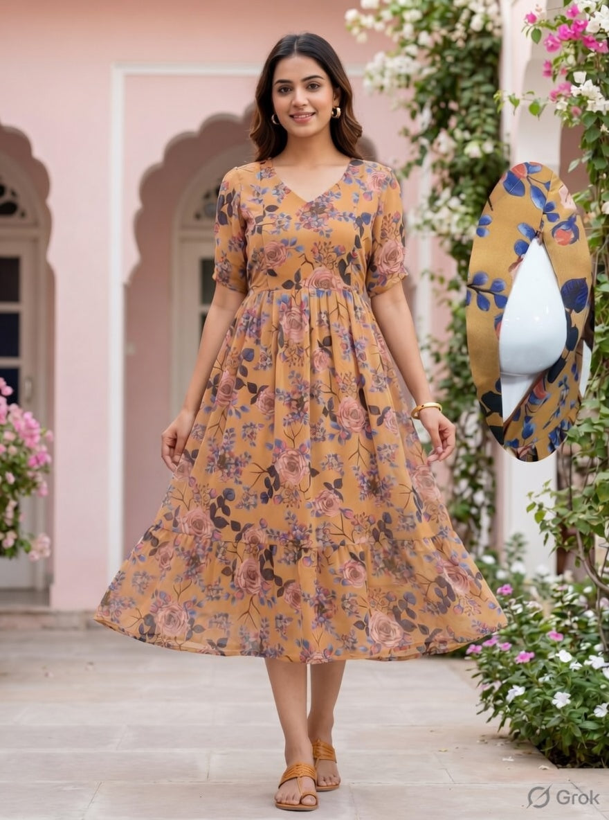 Orange Georgette Maternity Wear with Double Side Invisible Zip – Umbrella Type Feeding Dress