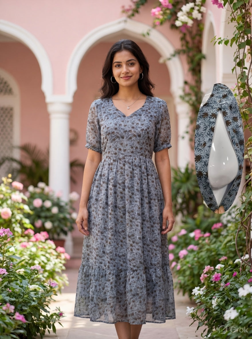 Gray Georgette Maternity Wear with Double Side Invisible Zip – Umbrella Type Feeding Dress