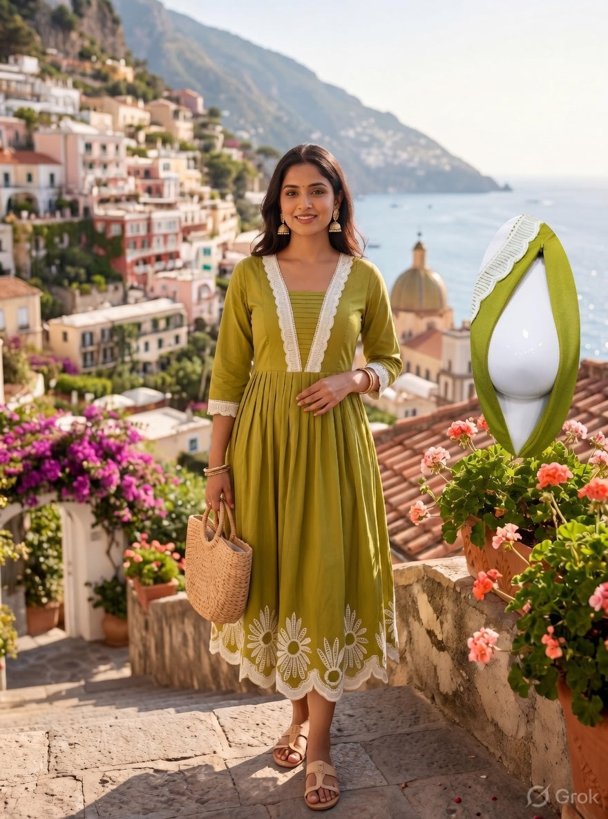 Green Cotton Maternity Wear with Double Side Invisible Zip – Umbrella Type Lace Work Feeding Dress