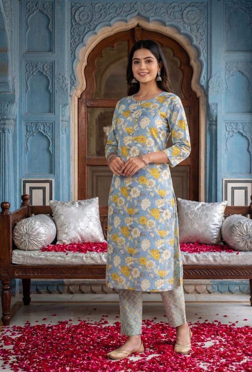 Women’s Blue Co-Ord Set – Cotton Blend Top & Bottom Regular Wear Set