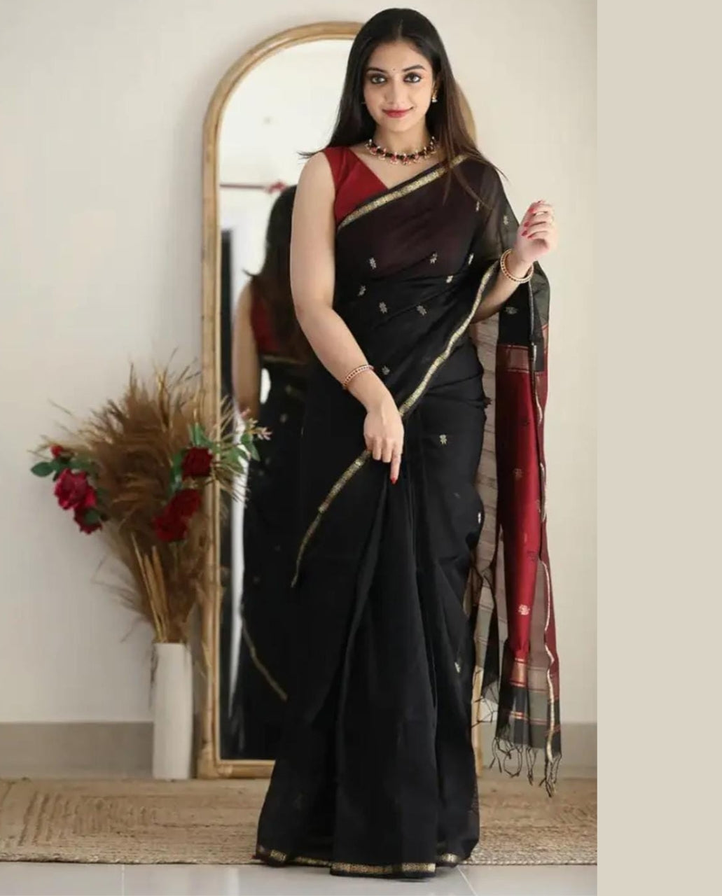Women’s Black Cotton Saree with Maroon Contrast Pallu & Gold Zari Border – Festive Wear