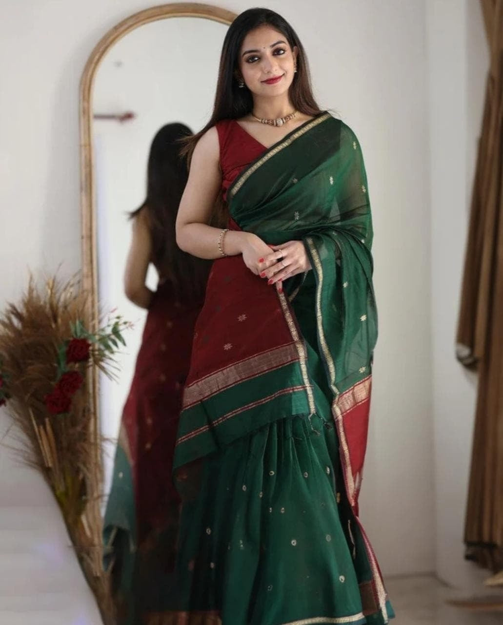 Women’s Bottle Green Soft Silk Saree with Maroon Contrast & Gold Zari Border – Festive Wear
