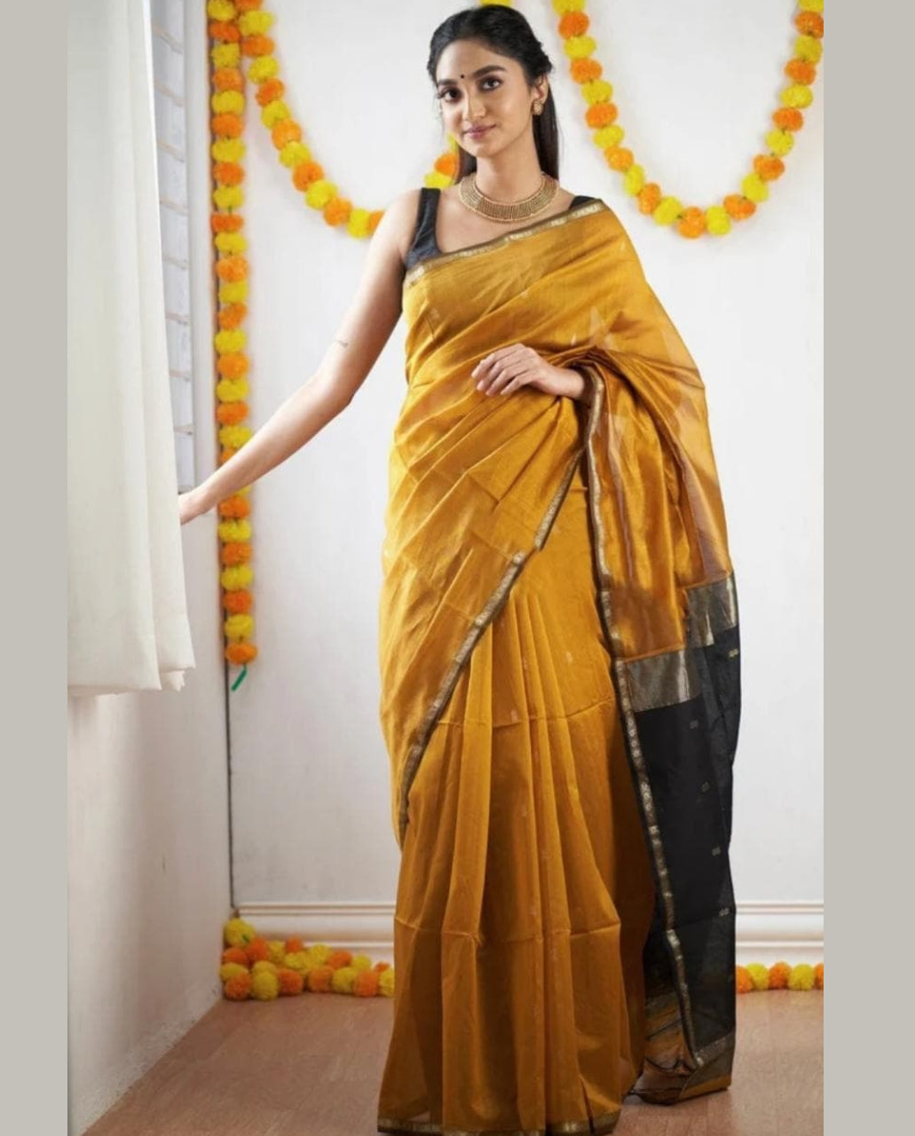 Women’s Mustard Yellow Soft Silk Saree with Black Border – Traditional Wear