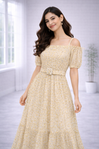 Women’s Yellow Frock Style Western Top – Collar Neck with Belt