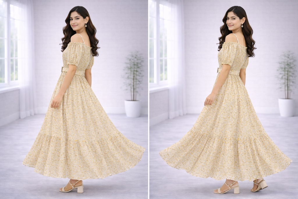 Women’s Yellow Frock Style Western Top – Collar Neck with Belt