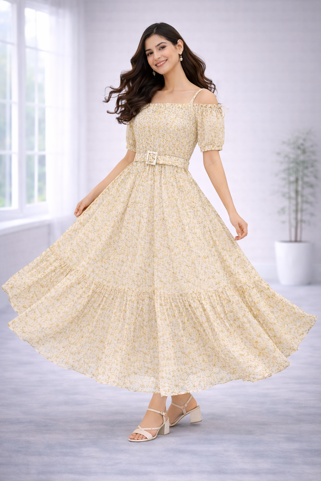 Women’s Yellow Frock Style Western Top – Collar Neck with Belt