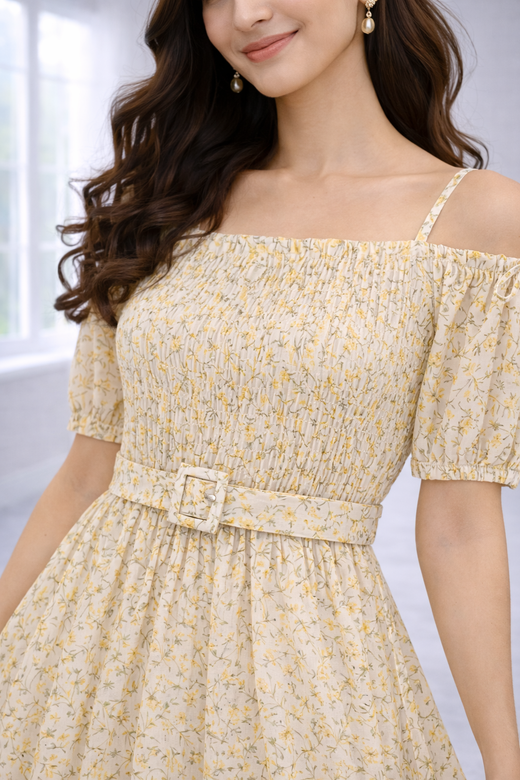 Women’s Yellow Frock Style Western Top – Collar Neck with Belt
