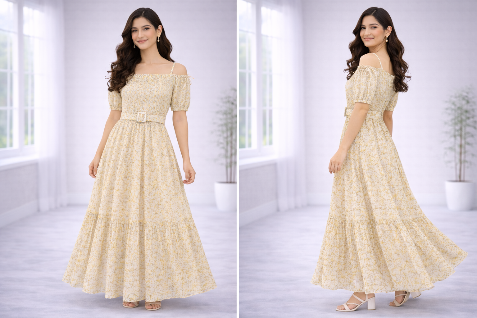 Women’s Yellow Frock Style Western Top – Collar Neck with Belt