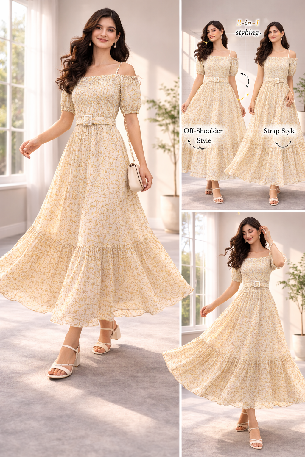 Women’s Yellow Frock Style Western Top – Collar Neck with Belt