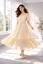 Women’s Yellow Frock Style Western Top – Collar Neck with Belt