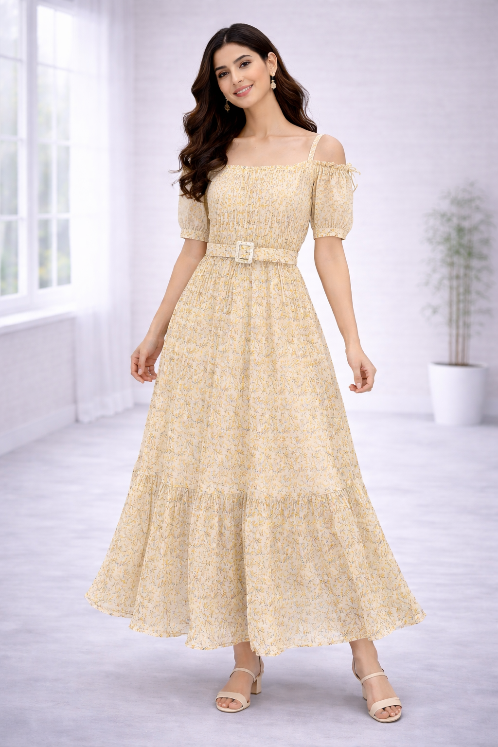 Women’s Yellow Frock Style Western Top – Collar Neck with Belt