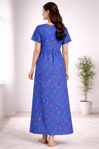 Blue Cherry Print Zipless Maternity Frock Cotton Blend Dress with Pocket & Rope