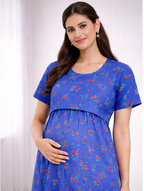 Blue Cherry Print Zipless Maternity Frock Cotton Blend Dress with Pocket & Rope