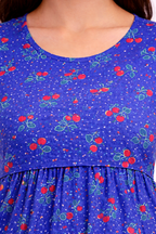 Blue Cherry Print Zipless Maternity Frock Cotton Blend Dress with Pocket & Rope