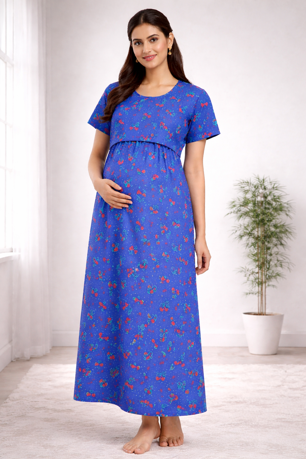 Blue Cherry Print Zipless Maternity Frock Cotton Blend Dress with Pocket & Rope