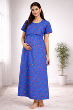 Blue Cherry Print Zipless Maternity Frock Cotton Blend Dress with Pocket & Rope