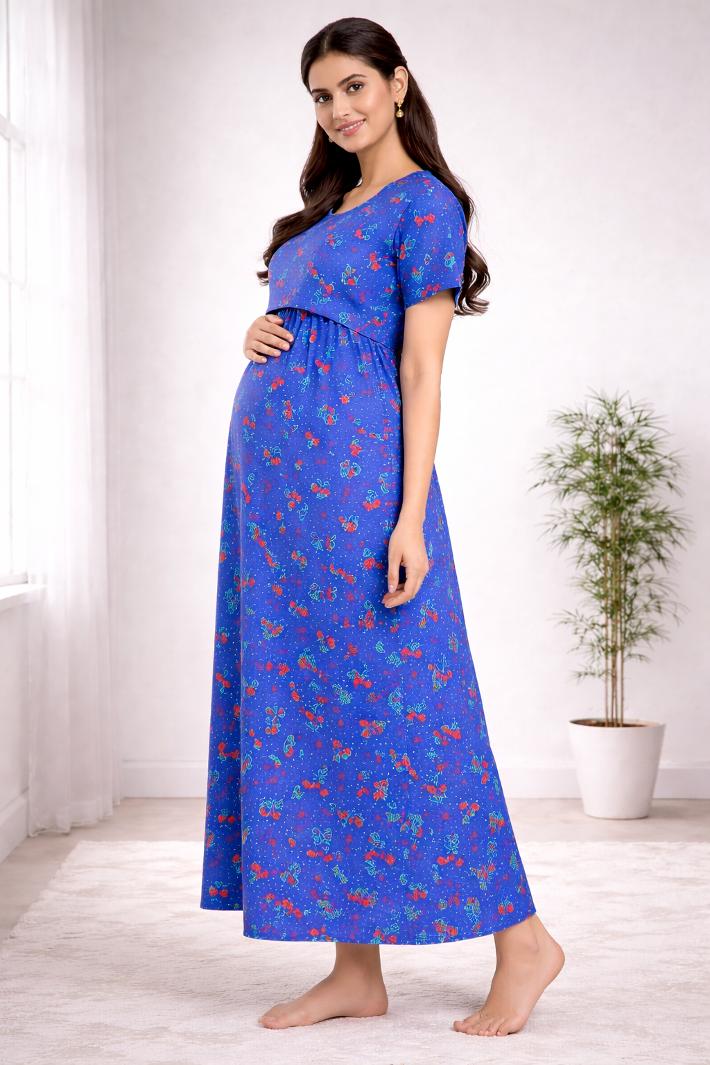 Blue Cherry Print Zipless Maternity Frock Cotton Blend Dress with Pocket & Rope