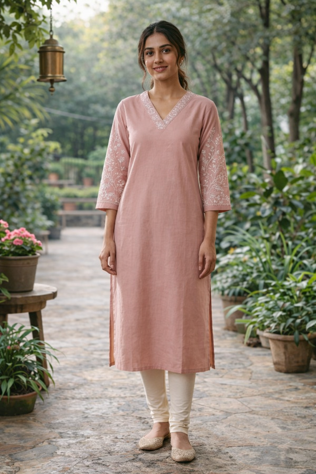 Beige Silk Cotton Kurthi with Embroidery & V-Neck – Elegant Office Wear