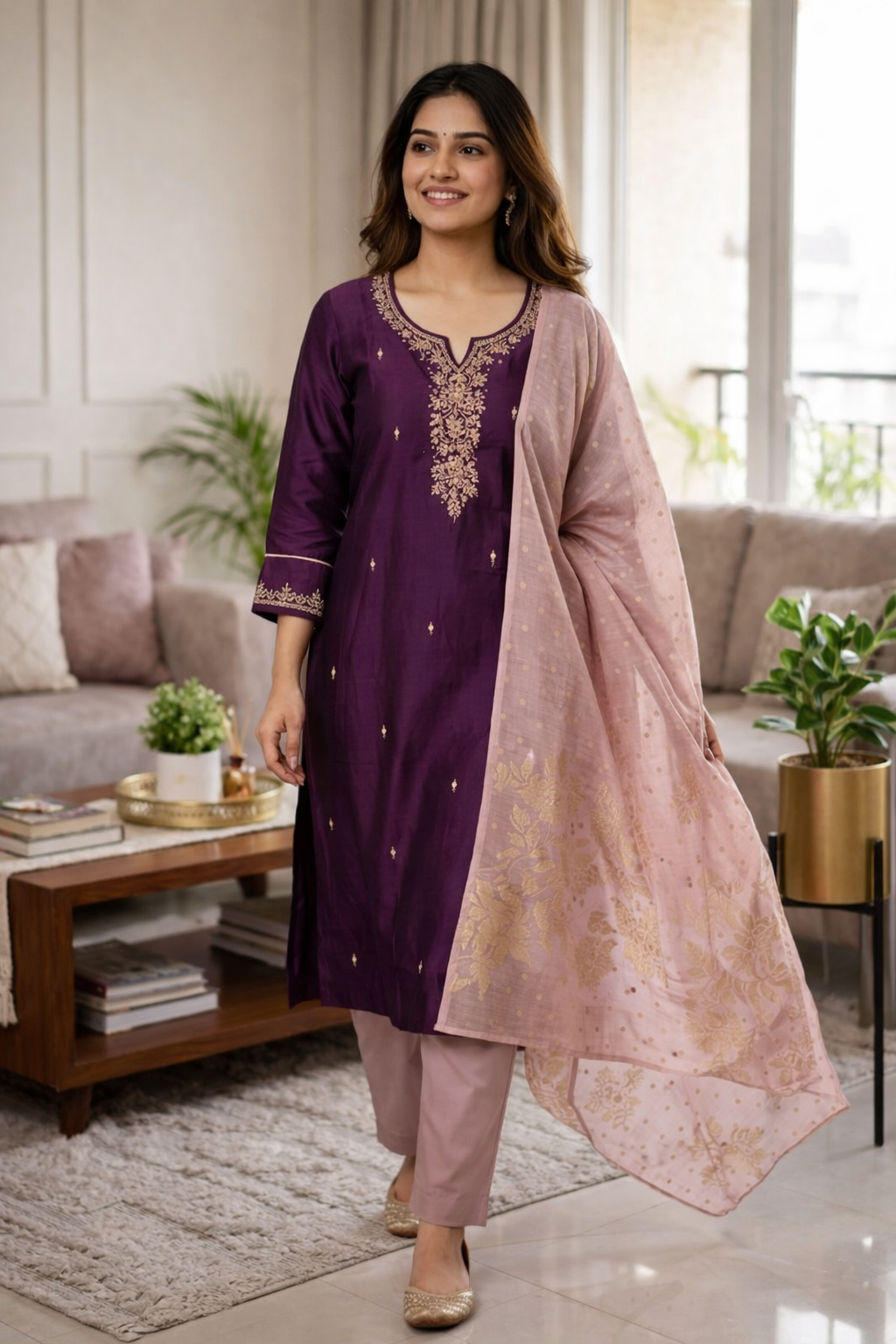 Purple Rangila Silk Salwar Suit with Stone Work & Lotus Neck