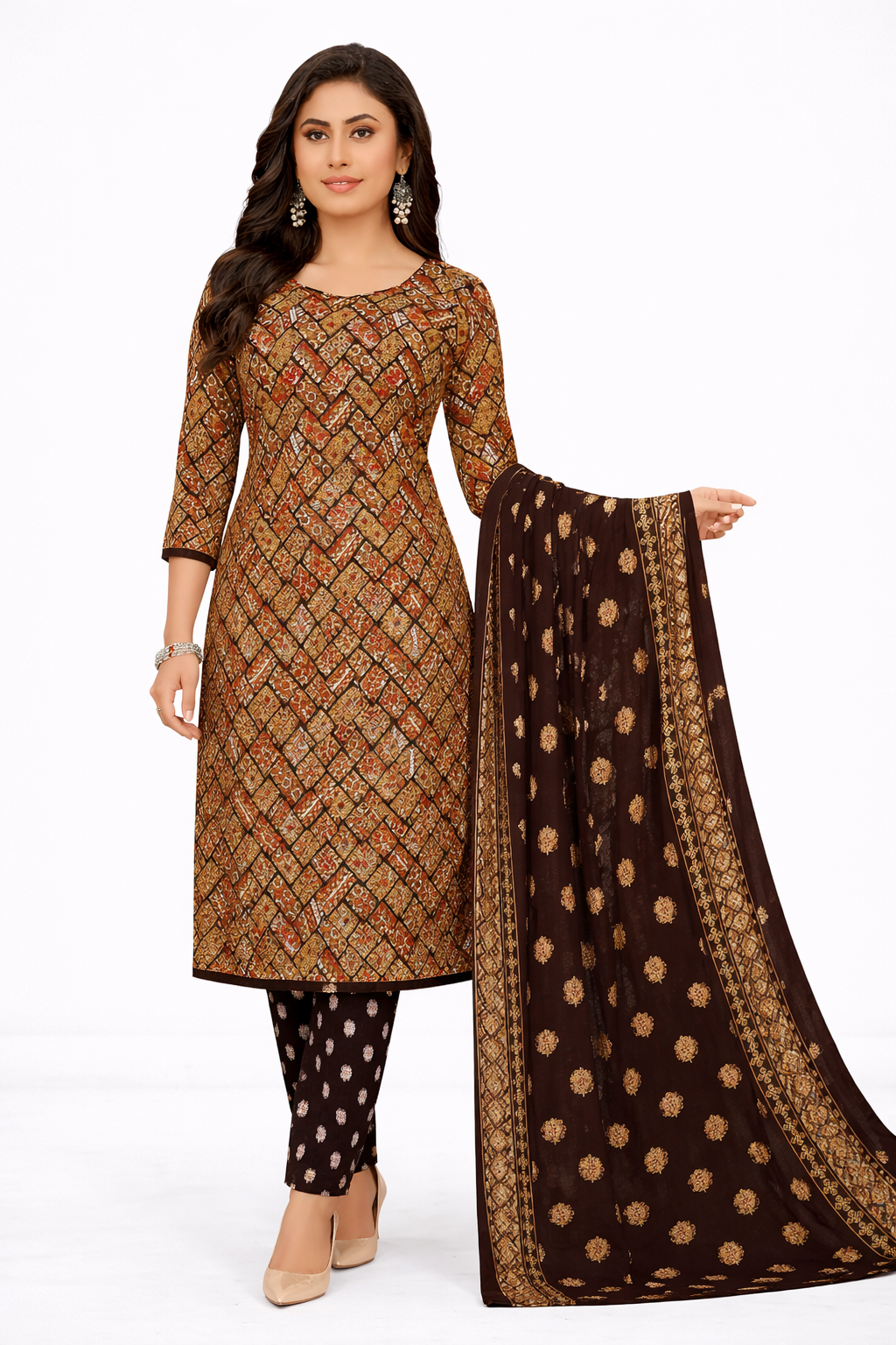 Elegant Brown Printed Salwar Suit Set with Dupatta