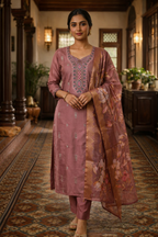 Dusty Rose Roman Silk Salwar Suit with Floral Dupatta