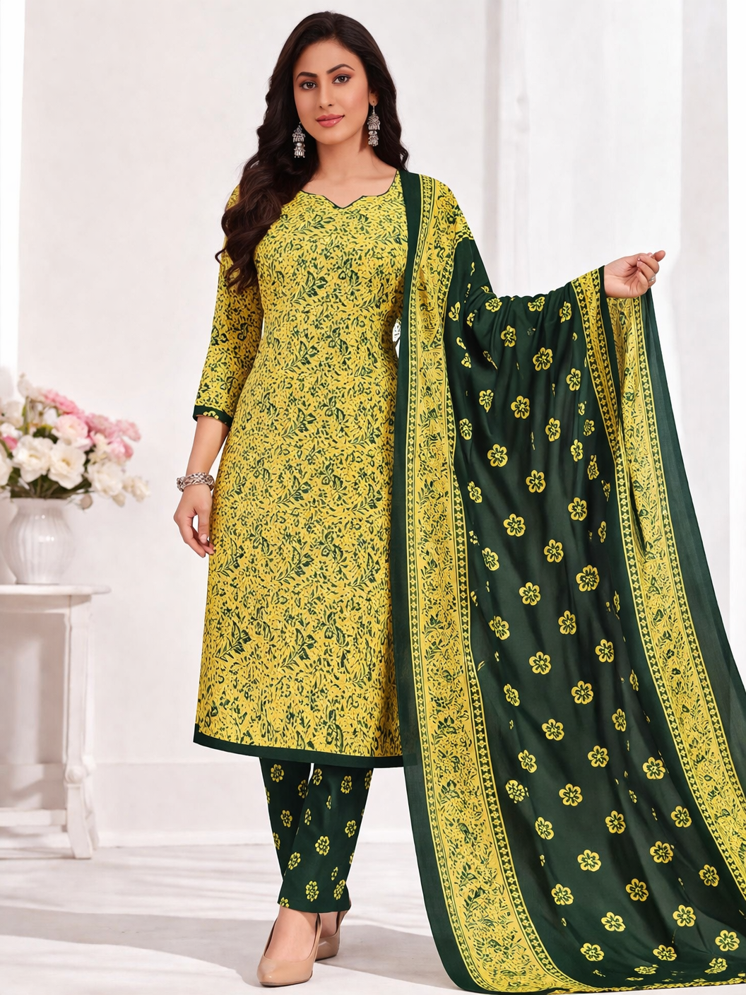 Elegant Yellow & Green Printed Salwar Suit Set with Dupatta