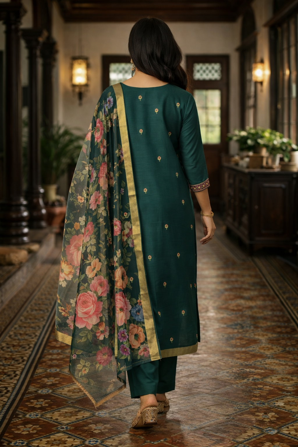 Light Green Roman Silk Salwar Suit with Floral Dupatta