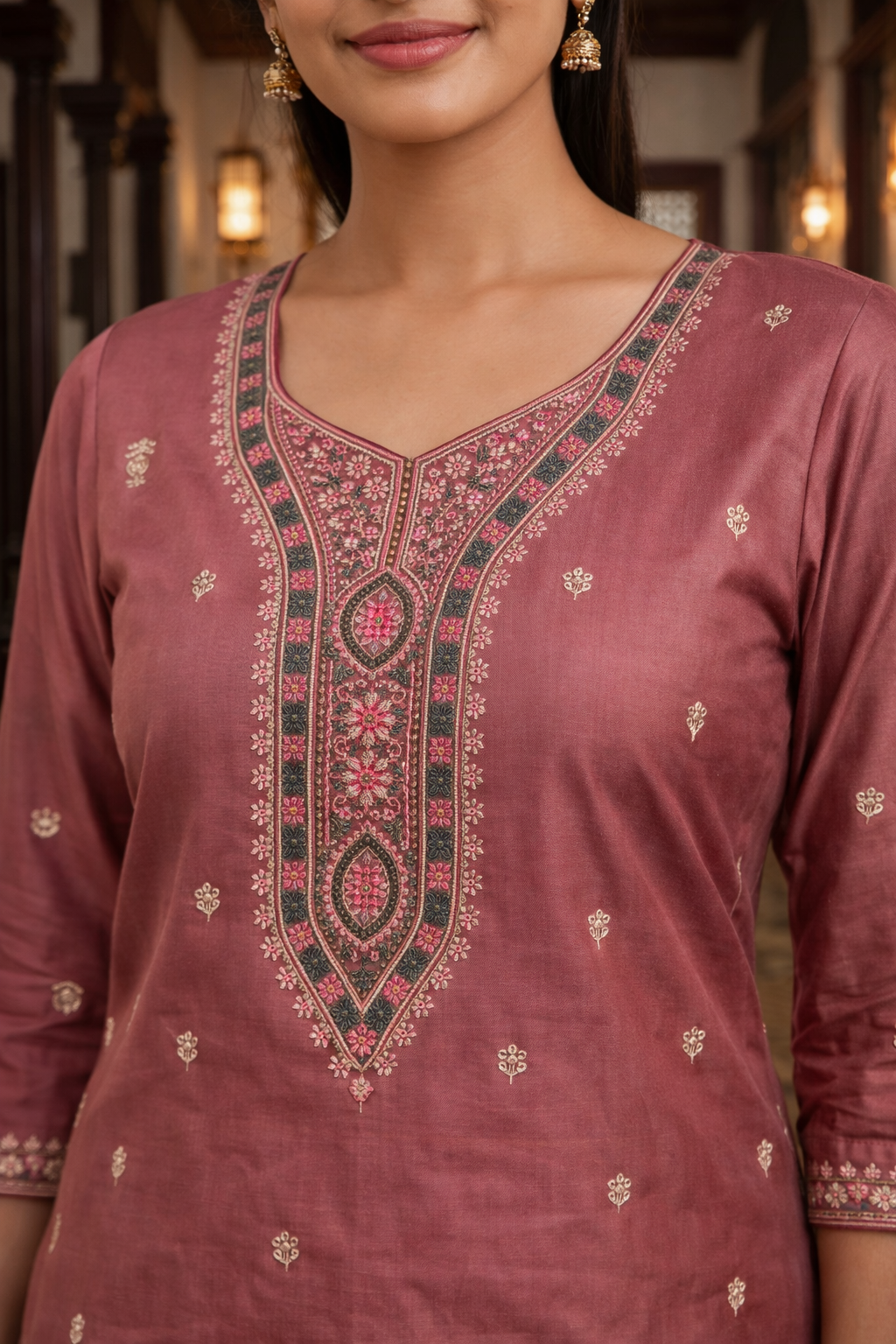 Dusty Rose Roman Silk Salwar Suit with Floral Dupatta
