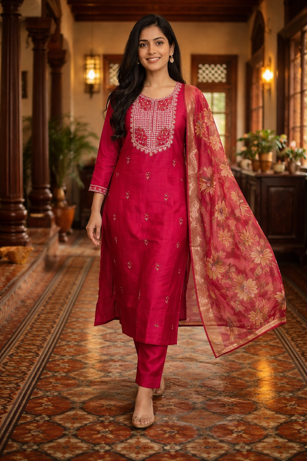 Pink Roman Silk Salwar Suit with Floral Dupatta