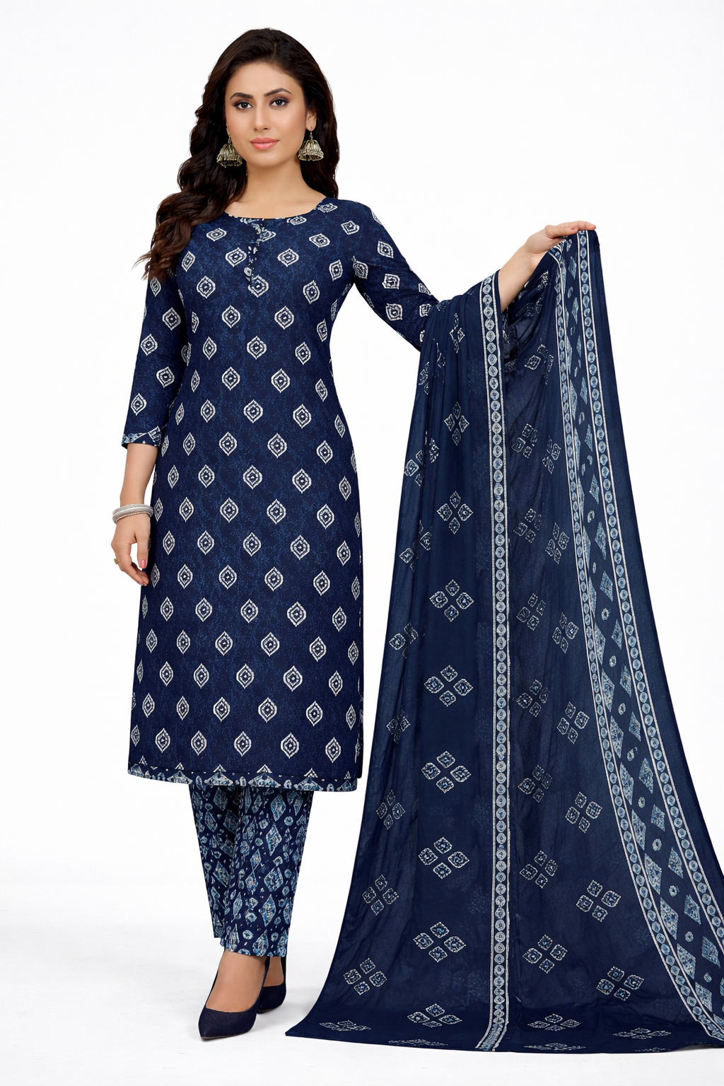 Elegant Navy Blue Printed Salwar Suit Set with Dupatta