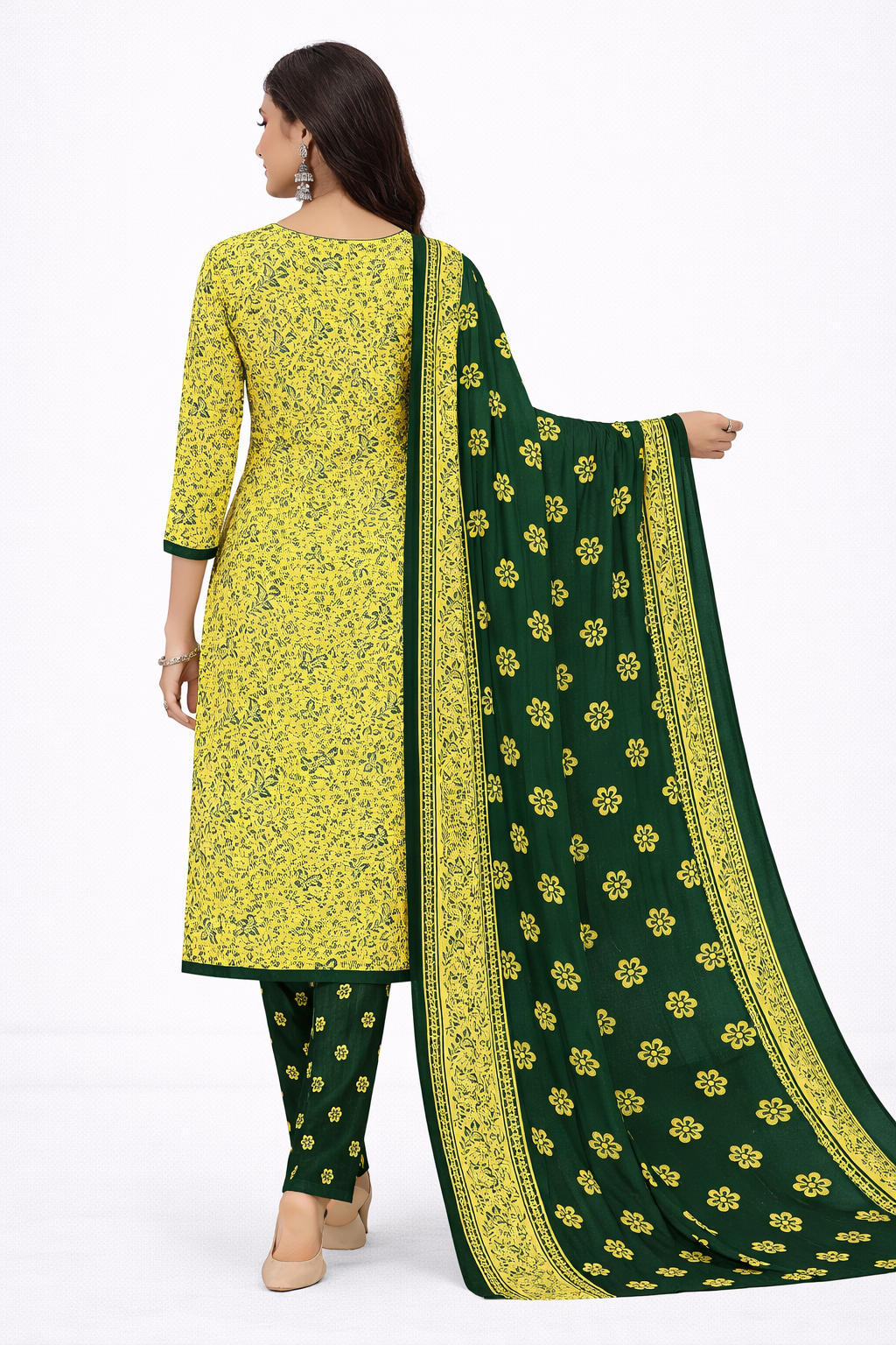 Elegant Yellow & Green Printed Salwar Suit Set with Dupatta