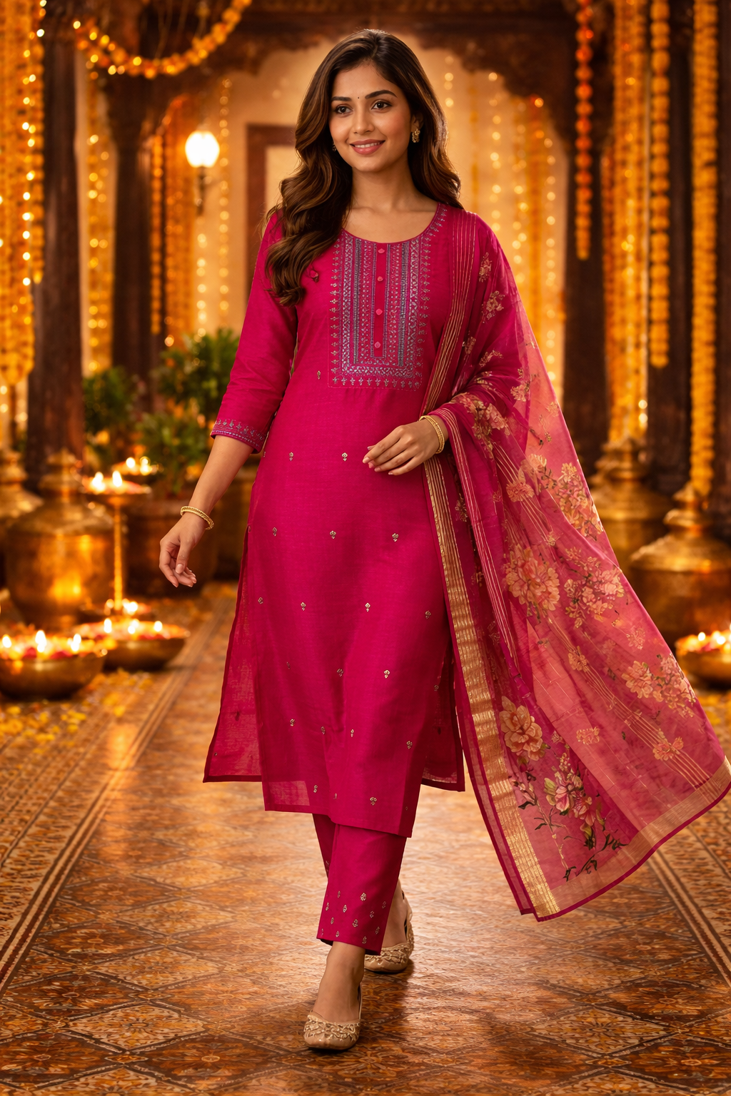 Rani Pink Roman Silk Salwar Suit with Floral Dupatta | Embroidered Round Neck Kurti Set for Women