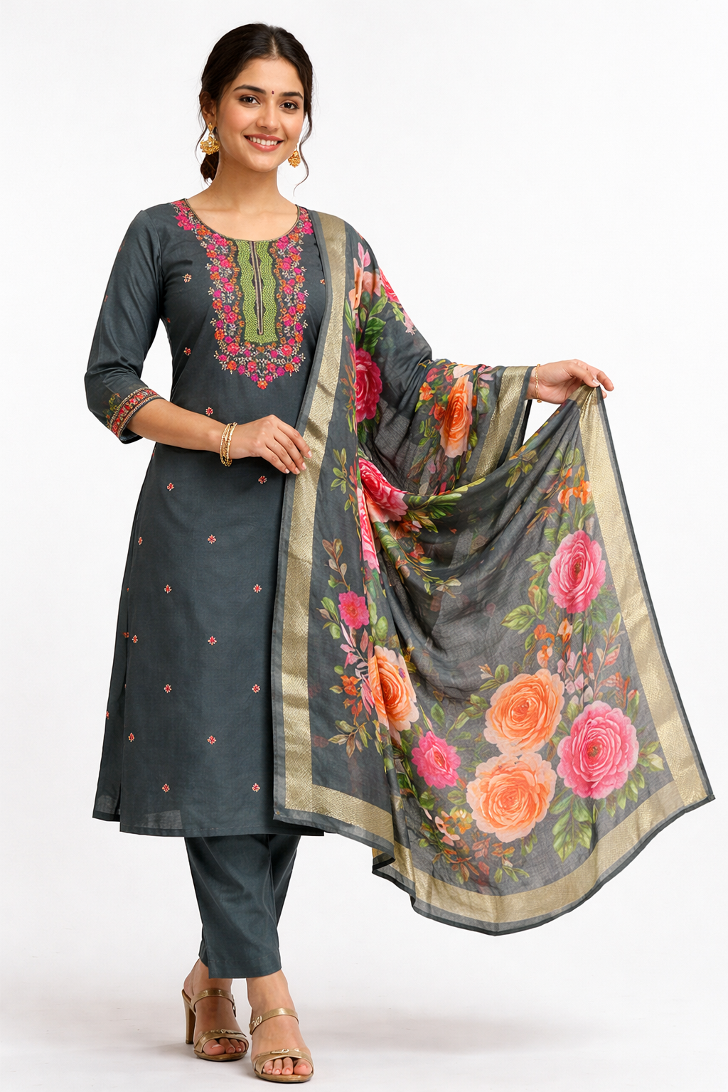 Slate Grey Roman Silk Salwar Suit with Floral Dupatta | Embroidered Round Neck Kurti Set for Women
