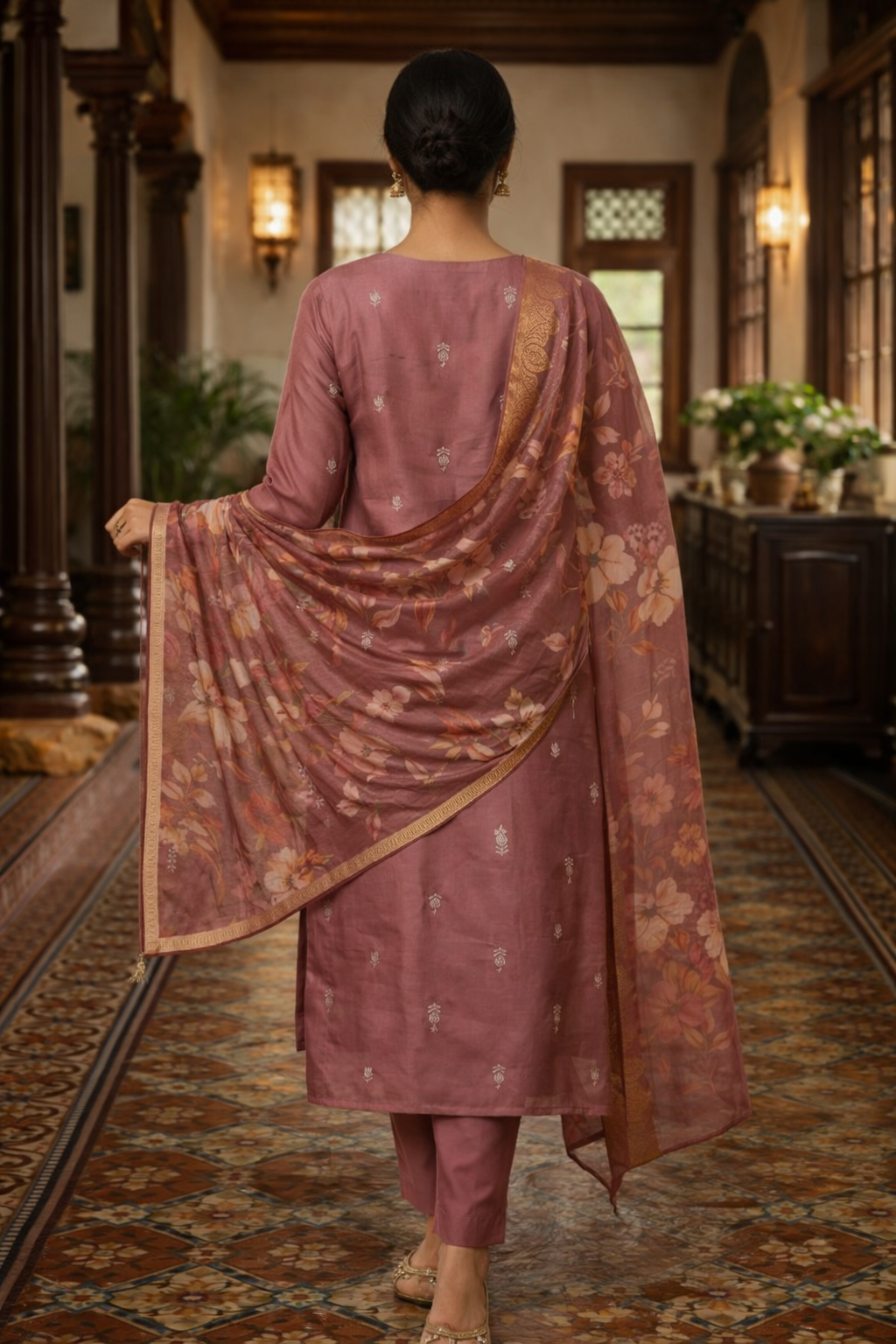 Dusty Rose Roman Silk Salwar Suit with Floral Dupatta